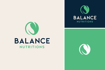 Circular Two Leaves become a Yin Yang Symbol for Balance Nutrition or Organic Natural Supplement logo design