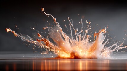 A vibrant explosion of liquid, creating a dramatic, fiery splash with glowing embers against a dark background