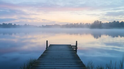 Obraz premium A mist-covered lake at dawn, with a small wooden pier extending into the water