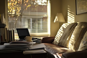Cozy Home Office Space with Warm Natural Light Filtering Through Blinds, Featuring a Laptop, Papers, Coffee Mug, and Comfortable Sofa in a Relaxed Atmosphere