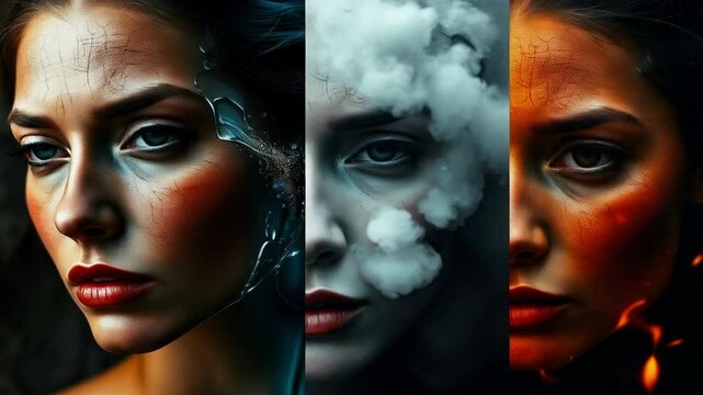 Four elements concept with woman's face divided into earth, water, air and fire sections. Creative portrait showing harmony and contrast of natural elements in human form for fantasy projects.
