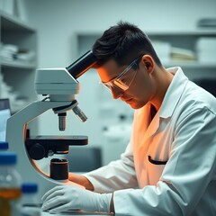 Cinematic still of a lab technician carefully analyzing samples under a microscope