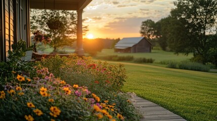Obraz premium Sunset Serenity: A Rustic Farmhouse Porch