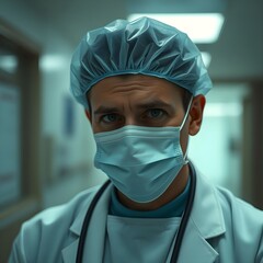 Cinematic still of a tired but resilient doctor after a long shift mask lines visible