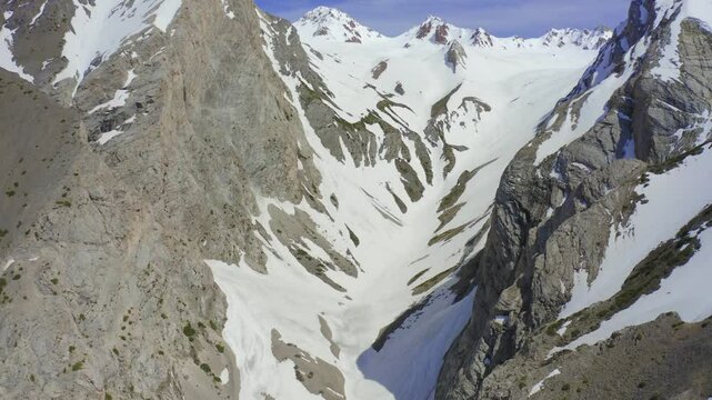 Aerial view of snow-capped mountains, rocky peaks, and valleys in the Himalayas.