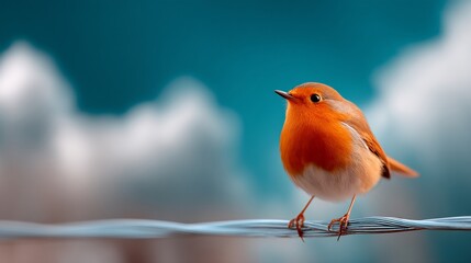 A vibrant orange bird perches on a thin wire above a blurred, teal-toned water reflection