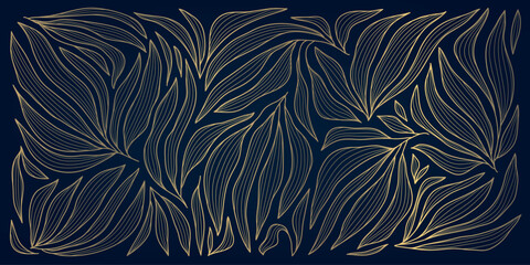 Fototapeta na wymiar Vector art deco line golden leaves background. Fancy luxury exotic foliage print, nature jungle elegant graphic, nouveau ornate pattern.