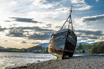 View of Corpach Wreck or Old Boat of Caol and Nevis Range Mountains, Caol Beach, Corpach, Fort...