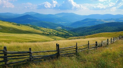 A mountain landscape with rolling hills and rustic wooden fences in the foreground