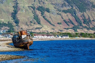 View of Corpach Wreck or Old Boat of Caol and Nevis Range Mountains, Caol Beach, Corpach, Fort...