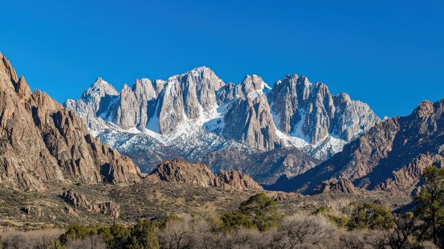 A mountain range with sharp, snow-capped peaks against a clear blue sky