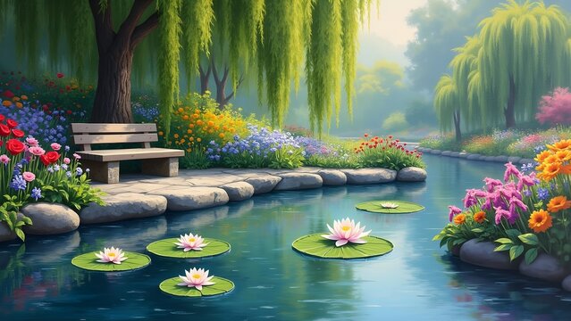Serene Garden Oasis with Lily Pond, Weeping Willows, Colorful Flowers, and a Tranquil Bench Scene