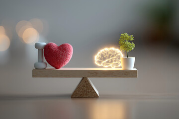 Heart and Mind in Balance on Wooden Seesaw with Soft Focus Background.  representing emotional intelligence, mental wellness, and life balance.