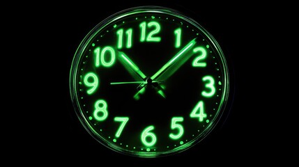 Glowing green clock face on black background