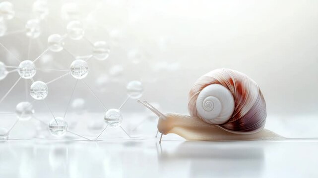 A snail glides gracefully over a light surface with a molecular structure in the background. Its shell spirals in a warm gradient.