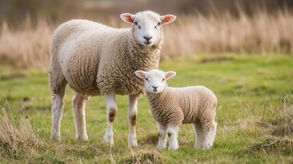 Fototapeta premium A newborn lamb standing next to its mother in a countryside pasture