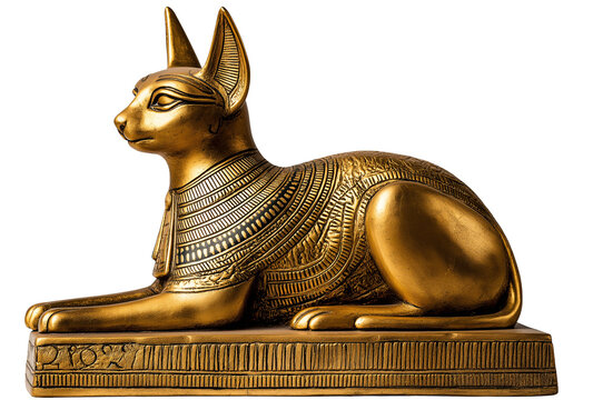 Golden statue of Egyptian cat on transparent background