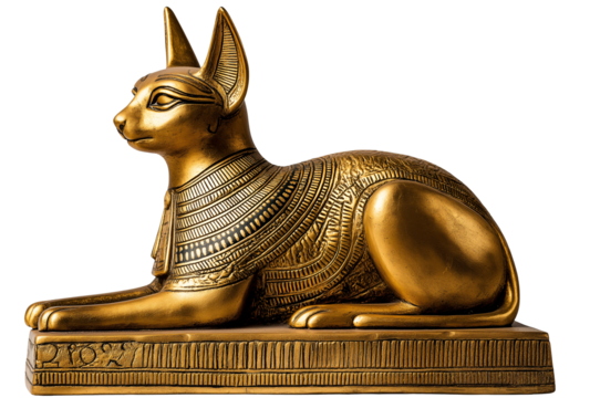 Golden statue of Egyptian cat on transparent background