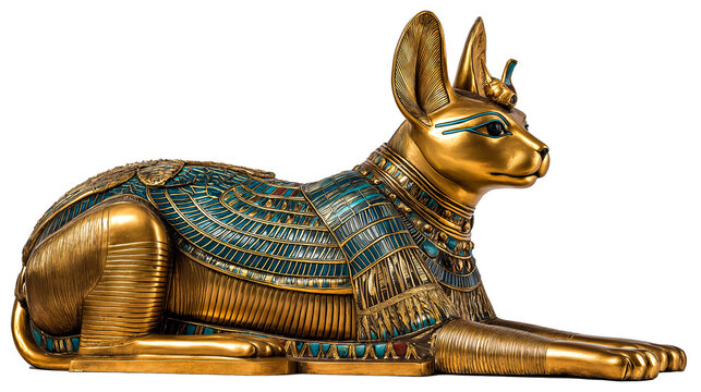 Golden statue of Egyptian cat on transparent background