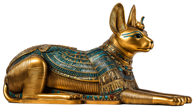 Golden statue of Egyptian cat on transparent background