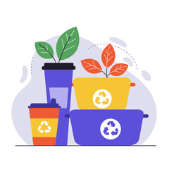Colorful reusable containers and cups with plants for recycling  