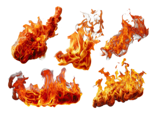 Flaming Tongues: Five unique fire flames dance against a stark backdrop, each a vibrant embodiment of heat and raw energy.