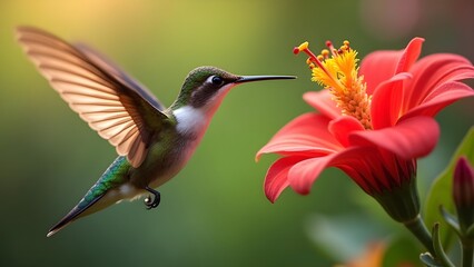 Fototapeta premium Hummingbird flying towards a vibrant red flower in a natural garden setting, wings spread in flight
