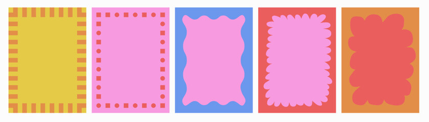 Set of frames with doodle curvy squiggly wavy. Wave scalloped edge border in flat retro style.