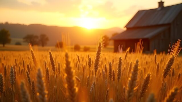 Golden wheat field at sunset with barn, country landscape with grain crops, nature scenery, farm, agriculture