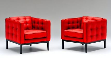 Two identical red leather armchairs with button tufting and black legs, displayed against a neutral background