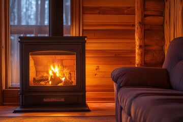Cozy interior of a log cabin featuring a glowing fireplace and comfortable sofa, creating a warm and inviting atmosphere for relaxation and comfort in nature.