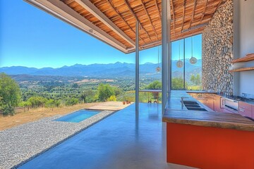 Fototapeta premium Open Kitchen with Mountain View and Swimming Pool in Chile, Modern Architecture, Interior Design, Landscape, Sunny Day