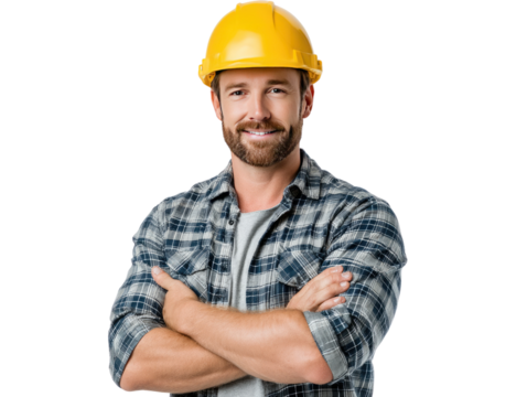 Smiling Construction Worker: A portrait of a confident and friendly construction worker, arms crossed, wearing a yellow hard hat and plaid shirt.  He exudes professionalism and expertise.
