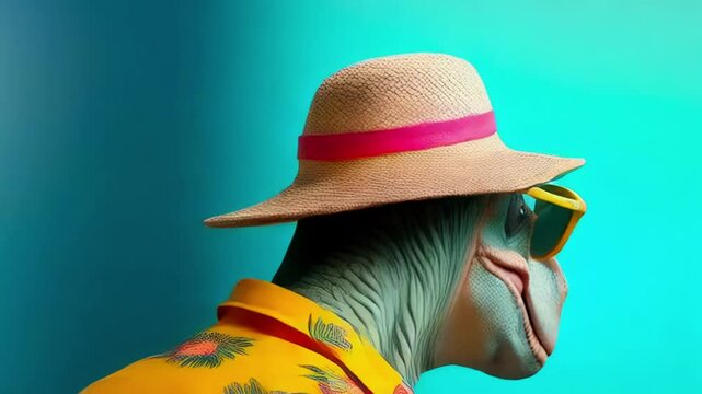 Funny dinosaur toy wearing sunglasses and tropical Hawaiian shirt against colorful background. T-Rex figurine with colorful leaf pattern outfit in humorous vacation concept.
