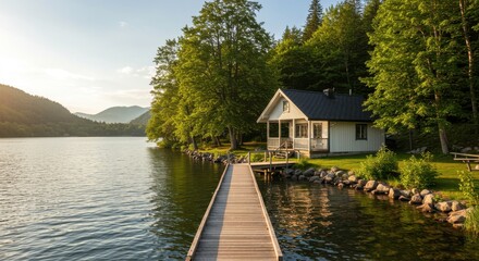 Fototapeta premium Serene Lakeside Cabin Retreat Wooden Dock Tranquil Water and Lush Greenery