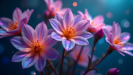 Close-up of Pastel Flowers with Shimmering Petals on a Blue Background