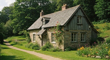 Obraz premium Picturesque Stone Cottage nestled in a lush green garden idyllic rural landscape