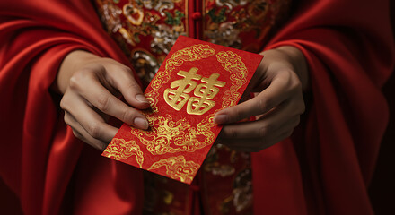 Hands Presenting a Red Envelope with Golden Chinese Wedding Symbols