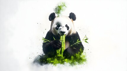 A giant panda, surrounded by a green powder cloud, contentedly munches on a stalk of bamboo