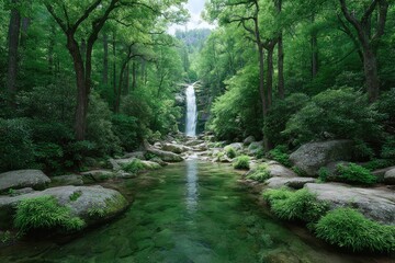 Verdant Forest Landscape with Flowing Stream Leading to Gentle Waterfall Under Bright Sky Displaying Dense Green Trees and Rocky Stream Banks