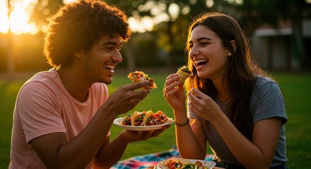 Young couple enjoying tacos together at a picnic with bright sunlight shining