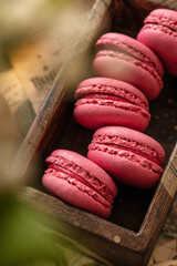 Vibrant pink macarons in rustic wooden box, surrounded by fresh flowers , cozy charming dessert presentation, close up