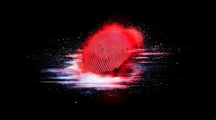 A red fingerprint explodes into a vibrant, multicolored dust cloud against a black background, suggesting digital identity and data
