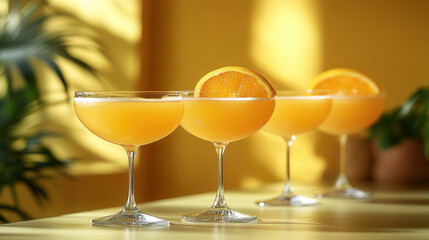 Bright yellow background with chilled orange cocktails in elegant glasses, summer vibes 