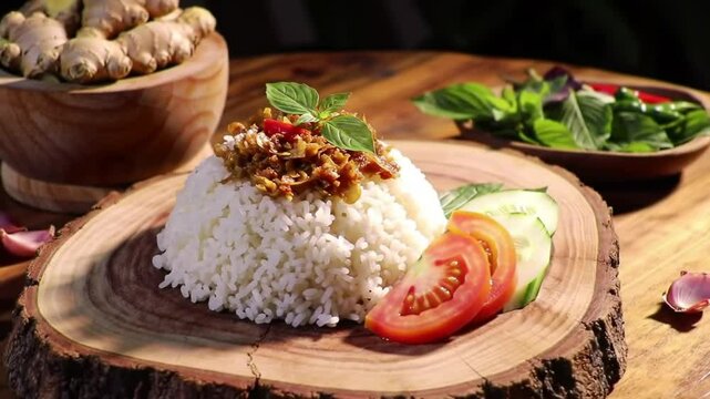 Close Up of Nasi Lemak on Wooden Plate with Ginger Garlic Shallots And Tomatoes Cucumbers Herbs And Basil Garnishing Beautiful Malaysian Dish Presentation