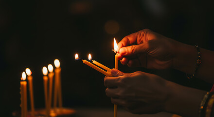 Hands Lighting Candles Illuminating Darkness with Flickering Flames
