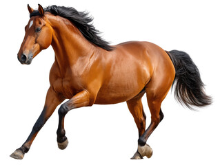Chestnut Horse Galloping: A majestic chestnut horse with a flowing black mane and tail gallops freely, showcasing its power and grace against a white background.