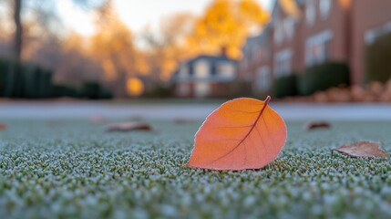 Autumn leaf on frosted ground