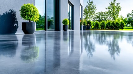 Polished concrete patio reflects modern home, lush greenery, and a clear sky