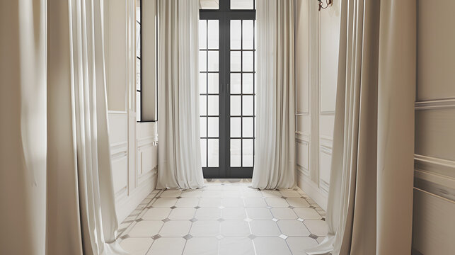 Elegant interior view featuring a black framed window with white curtains and tiled flooring